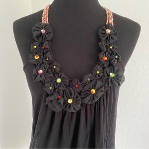 Eci New York S yarn racer back straps beaded floral neckline tank top black